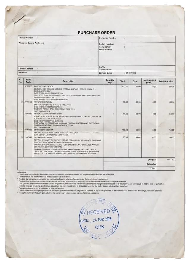 A crumpled, stamped purchase order